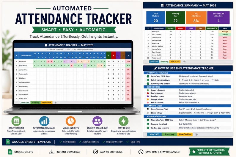 Automated Attendance Tracker Spreadsheet (google Sheets, Excel) - Etsy
