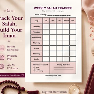 Puede incluir: Un documento imprimible de seguimiento semanal de Salah con una cuadrícula para las oraciones de Fajr, Zohr, Asr, Maghrib e Isha. La página incluye secciones para los días de la semana, un área de reflexión y casillas de verificación en rosa.