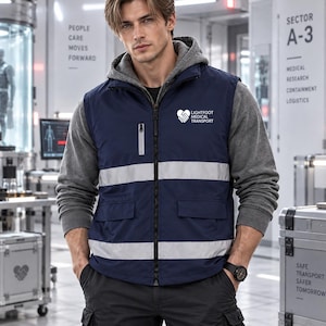 May include: A navy blue high-visibility vest with two horizontal reflective silver stripes, a vertical chest pocket, and two lower pockets. The chest features a white logo with a heart-shaped handshake and the text Lightfoot Medical Transport.