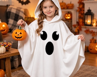 Kids Ghost Halloween Costume, Cute Ghost Poncho for Girls and Boys, White Hooded Halloween Cape, Trick or Treat Outfit, Spooky Party Gift