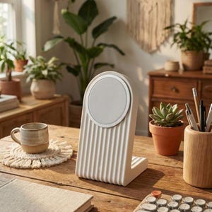 May include: A cream-coloured wireless phone charger with a ribbed design and a circular charging pad. The charger is on a wooden desk, with a coffee cup, a succulent in a terracotta pot, and a vintage-style keyboard.