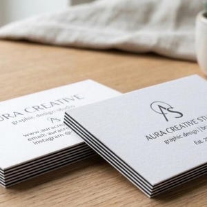 Puede incluir: Dos tarjetas de visita blancas con bordes a rayas negras apiladas sobre una superficie de madera. Las tarjetas presentan el texto "AURA CREATIVE STUDIO" e información de contacto. Una pequeña planta suculenta en una maceta blanca está en el fondo.