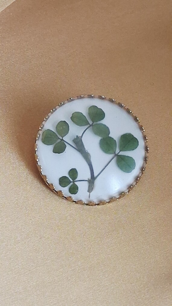 Vintage Irish Shamrock Brooch Real Pressed Clover Pin Lucky Three Leaf Clover Jewellery.