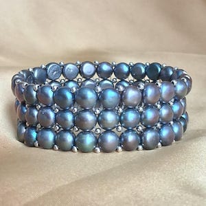 Vintage Peacock Blue Pearl Cuff Bracelet, Multi-Row Freshwater Pearl Stretch Bangle.