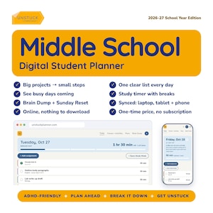 May include: A Middle School Digital Student Planner for the 2026-27 school year. The graphic features a list of benefits including big projects, study timers, and device syncing. It displays a web interface and mobile app view.