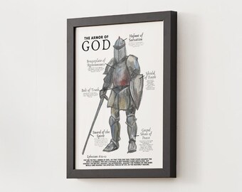 以下が含まれることがあります： 「神の武具」を描いた額装アートワーク。救いの兜や精霊の剣など、騎士の鎧を詳細にイラストで表現し、各パーツにラベルが付けられています。アートワークは黒いフレームに入っています。