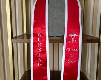 Nursing graduation stole RN nurses sash class of 2026  Red with white trim
