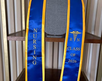 Nursing graduation stole RN nurses sash class of 2026  blue with Gold trim