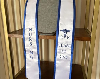 Nursing graduation stole RN nurses sash class of 2026 white with blue trim
