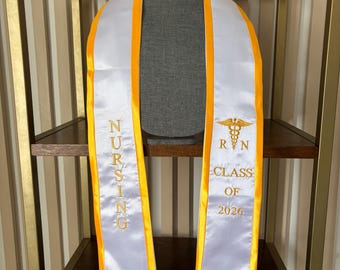 Nursing graduation stole RN nurses sash class of 2026  white with Gold trim