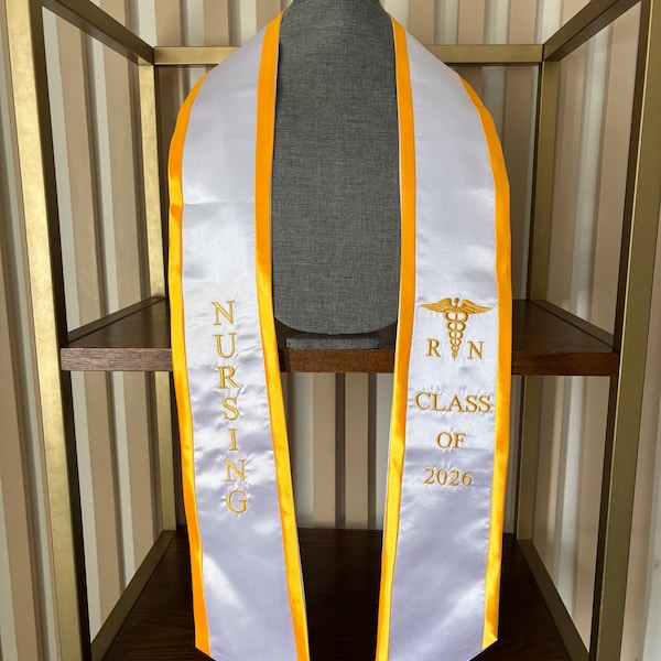 Nursing graduation stole RN nurses sash class of 2026  white with Gold trim