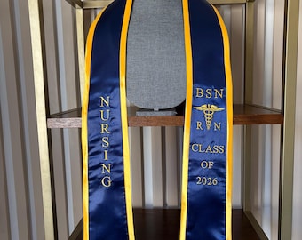 BSN RN Nursing Graduation Stole Class of 2026 Navy Blue Gold Trim