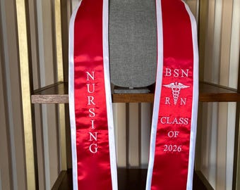 BSN RN Nursing Graduation Stole, Class of 2026, Red White Trim