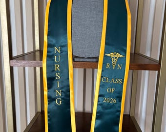 Nursing graduation stole RN nurses sash class of 2026  forest green with Gold trim