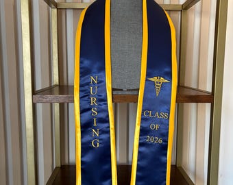Nursing graduation stole class of 2026  Navy blue with Gold trim