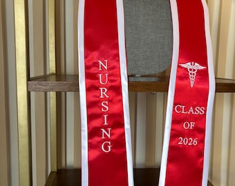 Nursing graduation stole class of 2026 Red with white trim