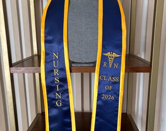 RN Nursing Graduation Stole Class of 2026 Navy Blue Gold Trim Embroidery Sash
