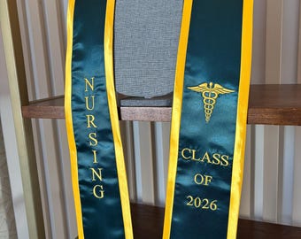 Nursing graduation stole class of 2026  Green with Gold trim