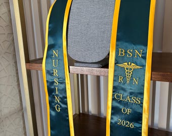 BSN RN Nursing Graduation Stole Class of 2026 Forest Green Gold Trim
