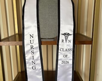 Nursing graduation stole RN nurses sash class of 2026  white with black trim