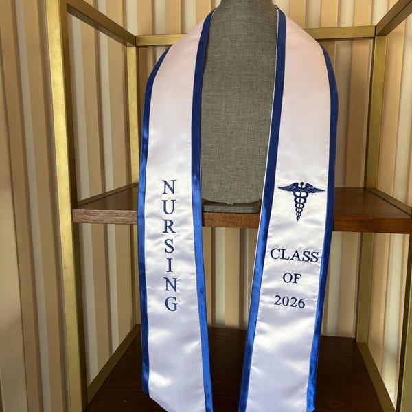 Nursing graduation stole class of 2026 white with blue trim