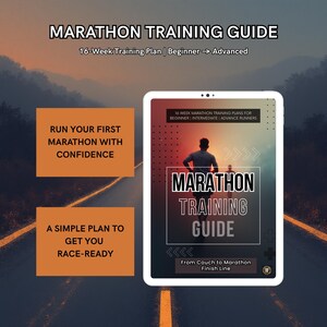 Peut inclure: Une tablette numérique affiche un "Guide d'entraînement marathon" avec un plan de 16 semaines pour coureurs débutants à avancés. L'image comprend des zones de texte avec des phrases comme "Courez votre premier marathon avec confiance".