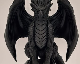 3D Printed Black Dragon Figurine, Fantasy Decor