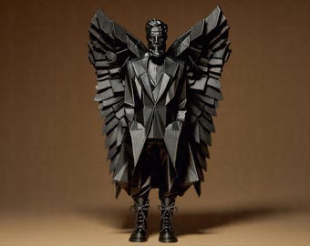 Modern angel statue, geometric sculpture, 3D printed wingman decor, handmade black figure