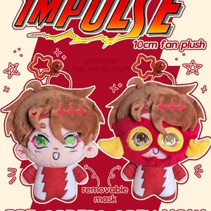 May include: A red and white plush doll of Bart Allen a.k.a Impulse, with a removable mask. The plush is 10cm tall and fan-made. The image includes the text "PRE-ORDERS OPEN NOW".