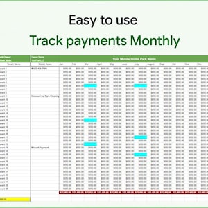 Może przedstawiać: Arkusz kalkulacyjny zatytułowany "Your Mobile Home Park Name" z tekstem "Easy to use" i "Track payments Monthly". Arkusz kalkulacyjny ma kolumny dla miesięcy i wiersze dla najemców, z danymi finansowymi. Niektóre komórki są podświetlone na niebiesko.