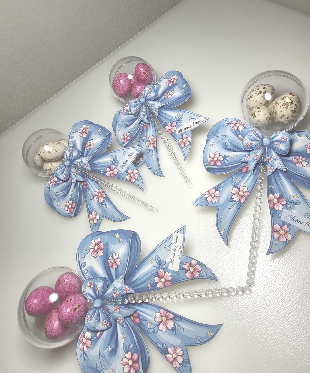 Personalized Blue Bow Rattle Favor Speckled Almond Chocolate Dragee ...