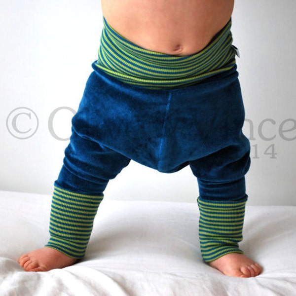 Baggy baby leggings cool blue green stripe kids clothing velour stretchy jersey children harem hippie toddler trousers seventies clothes