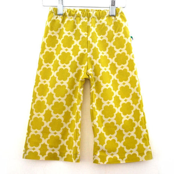 Toddler pants green yellow size 2-3yrs floral print cotton baby trousers girls funky spring lemon lime wide leg easter