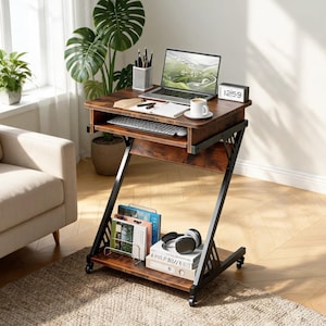 May include: A mobile Z-shaped desk with a dark wood grain finish and black metal frame. It features a top surface for a laptop, a sliding keyboard tray, and a lower storage shelf. The desk is equipped with four small wheels for mobility.