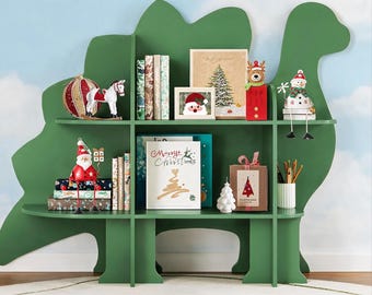 Dinosaur Bookshelf for Kids | Green Dino Shaped Storage Shelf | Waterproof Anti-Tip Nursery Bookcase | Toy & Book Organizer for Playroom