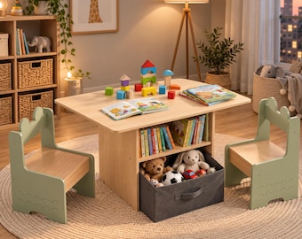 Kids Table & Chair Set, Wooden Toddler Activity Table, Kids Desk with Storage, Art Craft Play Table, Montessori Furniture for Kids