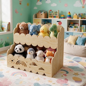 May include: A two-tier light wood toy storage shelf with scalloped edges and cut-out designs of a sun, rainbow, and clouds. The shelves are filled with various plush animals including a teddy bear, elephant, duck, dinosaur, panda, and fox.
