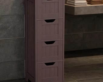 Slim Bathroom Storage Cabinet 4 Drawer | Narrow Floor Cabinet Wood | Tall Skinny Side Table Organizer for Small Spaces Bath Toilet
