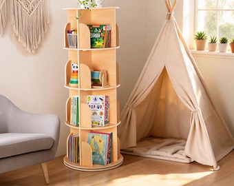 360 Rotating Bookshelf for Kids | Natural Wood Round Book Tower | Children's Spinning Book Organizer | Montessori Bookcase gift for her