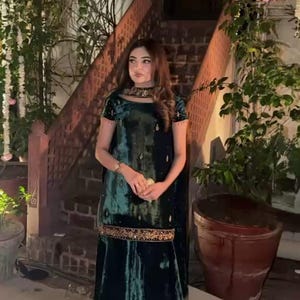 green emerald velvet dress Zaheen Pakistani Velvet Suit 07 (mustard) – Vishlist main image 0