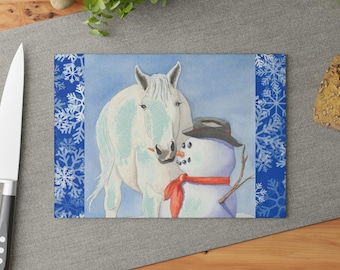 White Horse and Snowman Glass Cutting Board | Winter Snowflake Border
