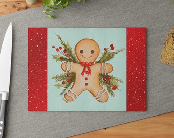Gingerbread Cookie Glass Cutting Board | Holiday Kitchen Decor