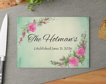 Personalized Watercolor Glass Cutting Board | Pink Rose Floral Kitchen Decor (Wedding Gift)