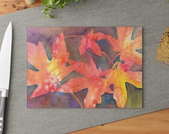 Autumn Watercolor Maple Leaves Glass Cutting Board | Fall Kitchen Decor