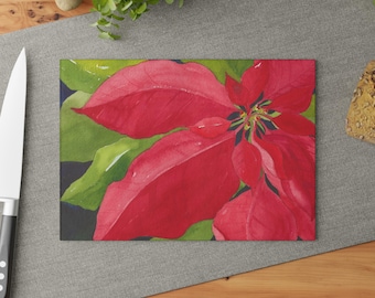 Red Poinsettia Floral Glass Cutting Board | Holiday Kitchen Decor