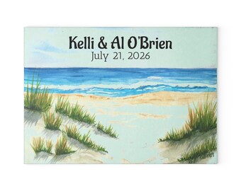Personalized Beach Scene Glass Cutting Board | Custom Names & Date