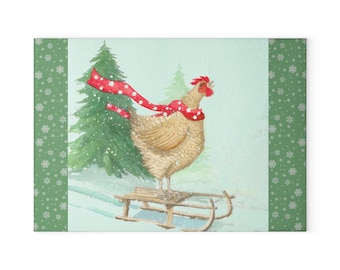 Wheee!  Chicken on a Sled Glass Cutting Board | Winter Chicken Snow Scene