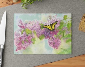 Yellow Swallowtail on Lilacs Glass Cutting Board | Floral Butterfly Kitchen Decor