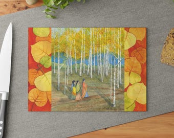 Birch Grove Walk Glass Cutting Board | Autumn Leaves, Two Figures in Forest