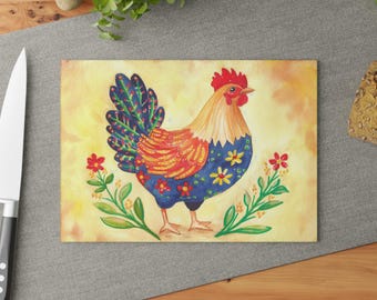 Folk Art Rooster Glass Cutting Board | Floral Country Kitchen Decor